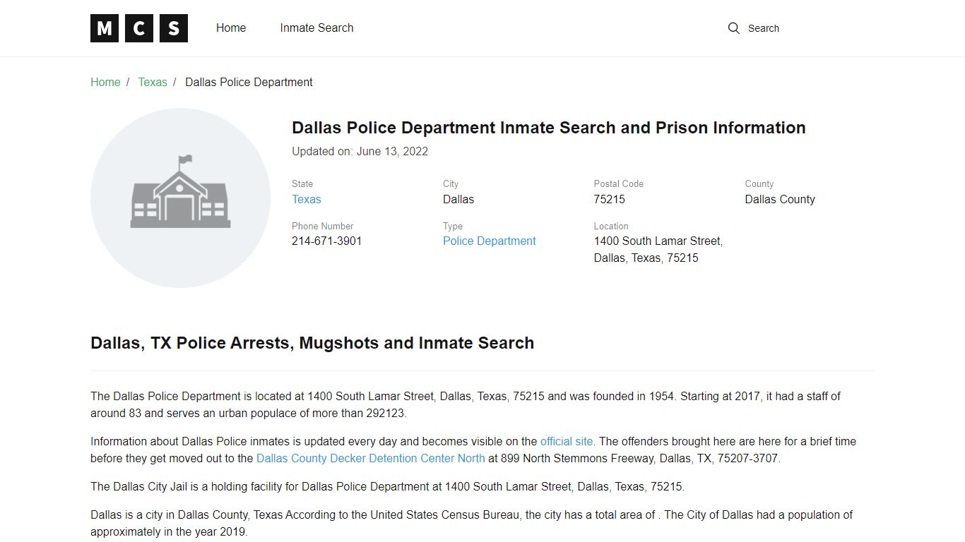 Dallas Police Department Inmate Search and Prison Information